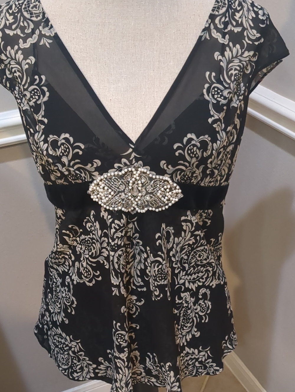 White House Black Market Black and Cream V-Neck Embellished Women's Top- 2 Piece